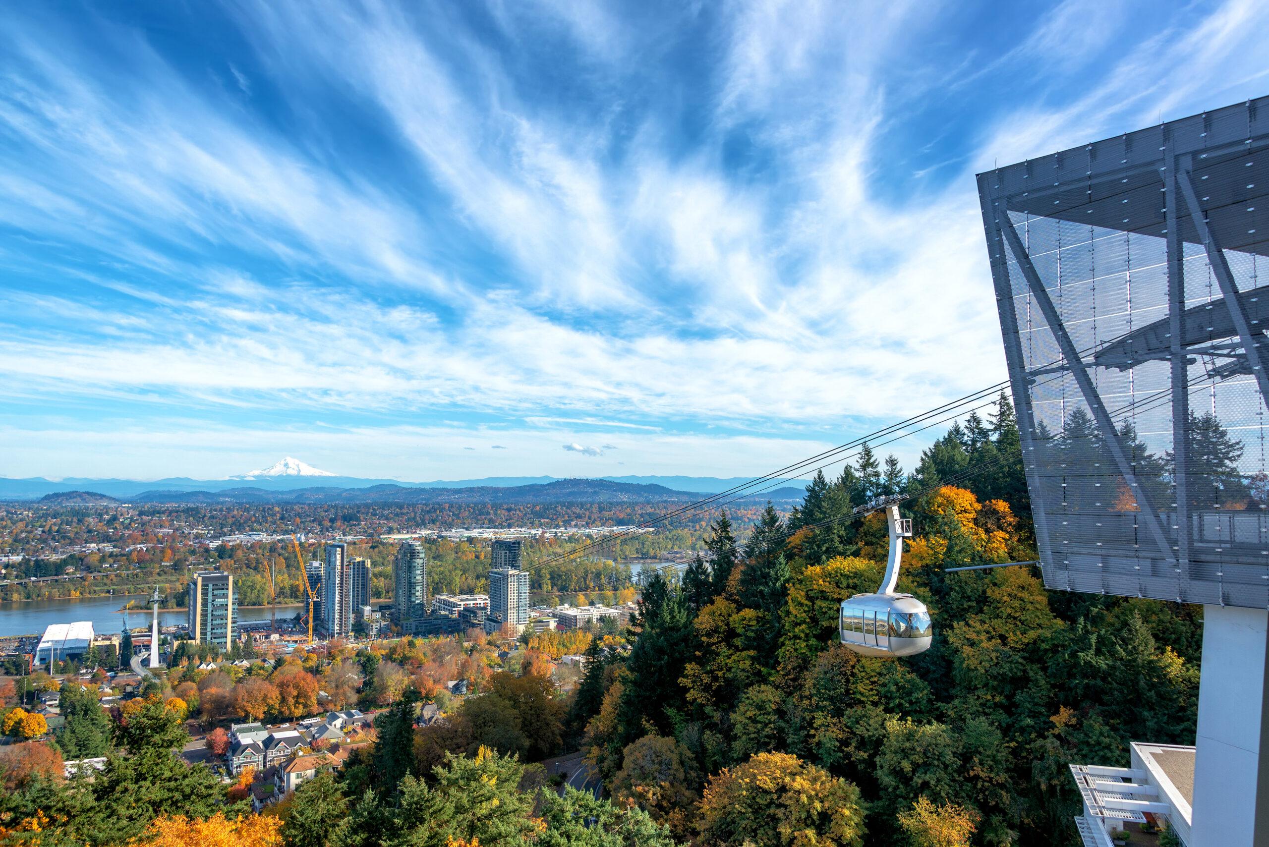 Aerial view of the Portland skyline and the Aerial Tram.