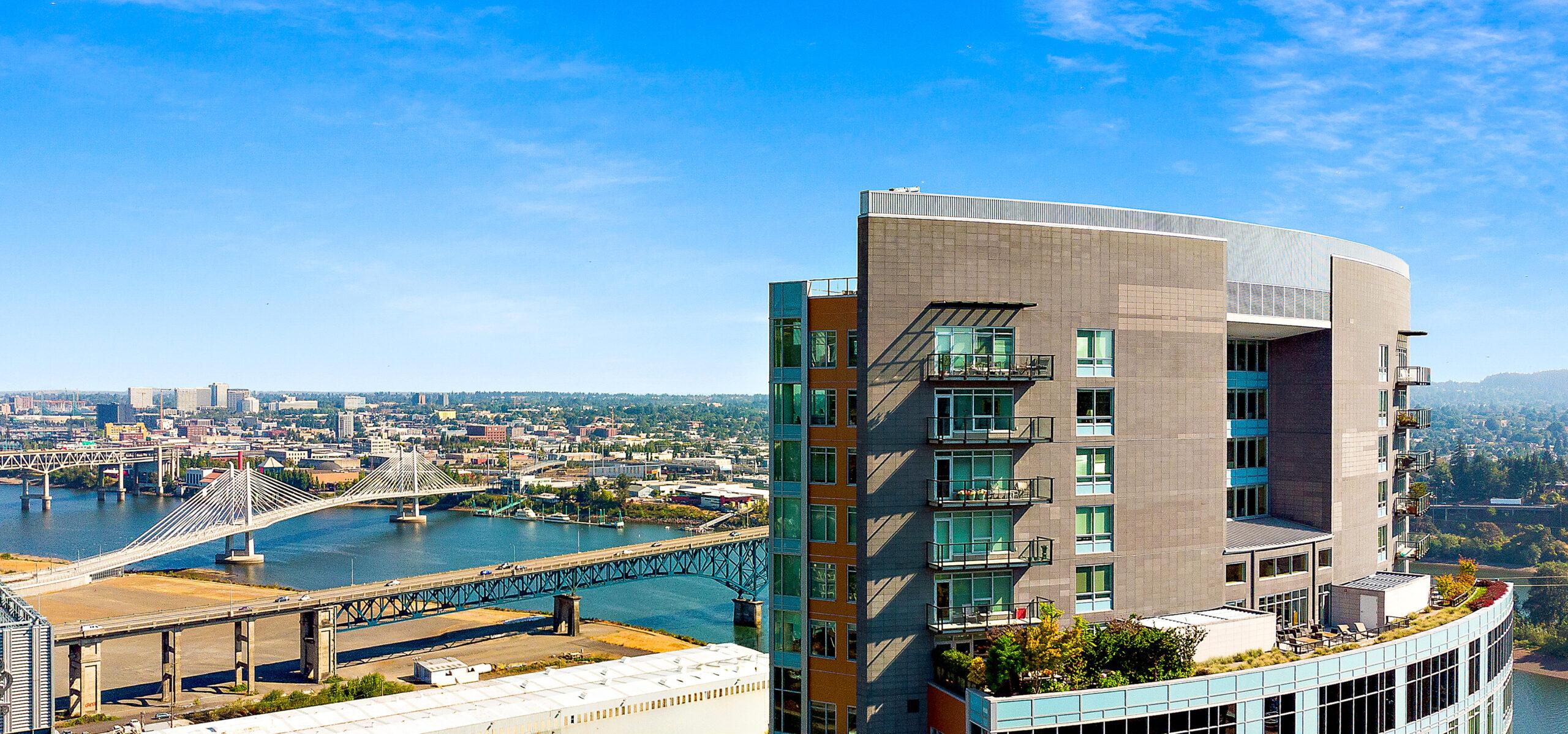 Aerial view of the Mirabella Portland building and Portland skyline.